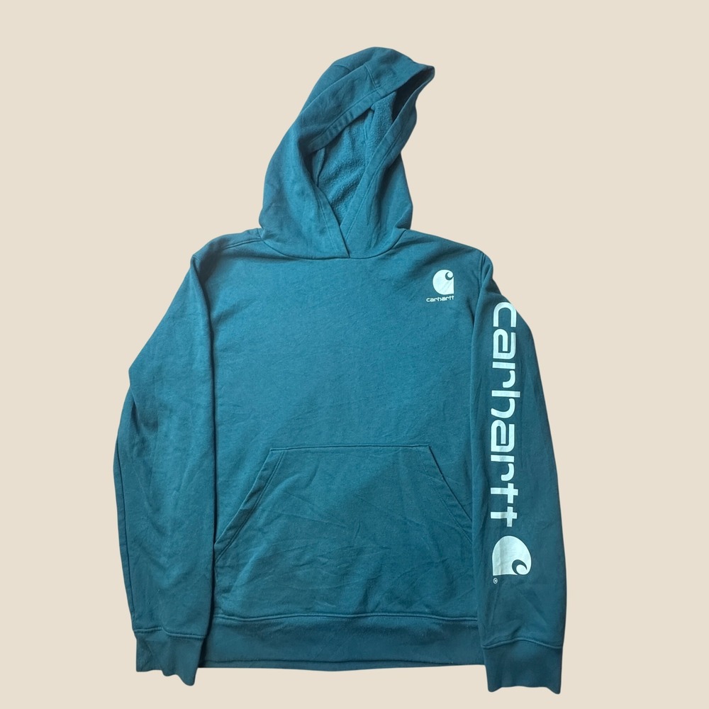 Carhartt Hoodie Boys XL TS9983-G Teal Blue Sleeve Logo Graphic Sweatshirt Youth